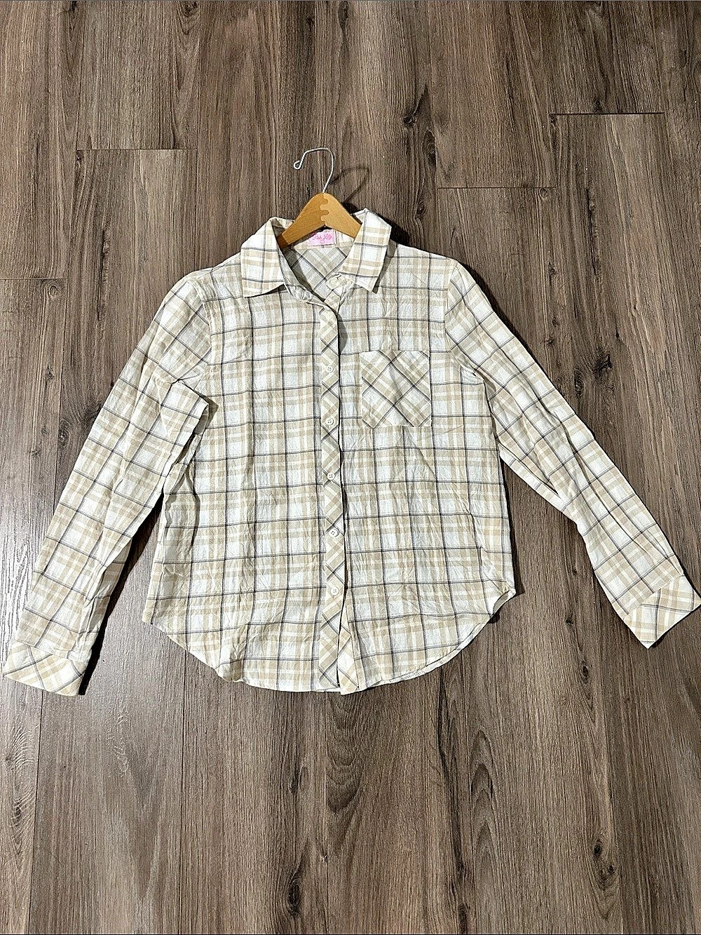 Pink Lily Plaid Cotton Button Down Top Cream Plaid